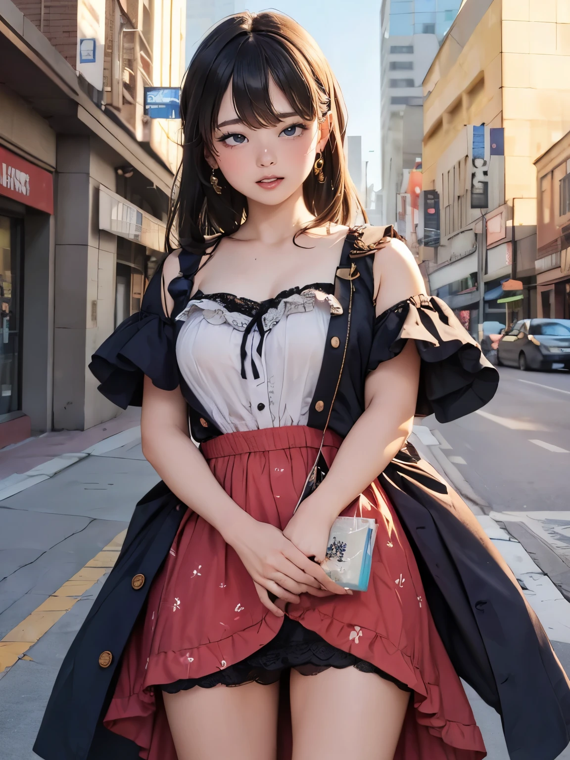 high-definition image, (((round face))), eyes realistic sizing, realistic skin, drooping eyes, smiling, ((various patterned feminine casual long dress, touching crotch heavily masturbation downtown)), (strong sunlight, old fashion), skyscrapers, hair up,