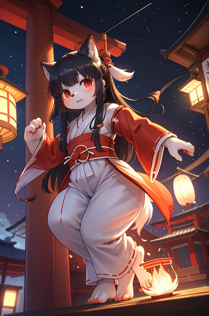 (Bokeh) , 1 hairy inari girl , Short stature , realistic hairy fur , Straight black Long Hair , Round face, swollen cheeks,round eyes , neat hair ties , Japanese Shrine Maiden Clothing , (dynamic Noh dance action:1.3) , in the Inari Shrine , Sacred offerin , (Fly around Will-o'-the-wisp) , midnight