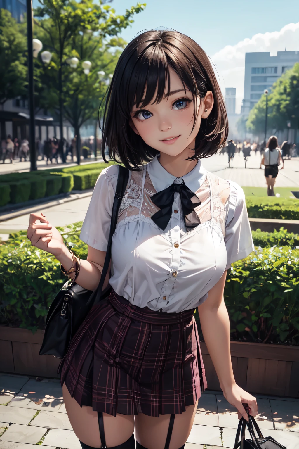 very cute and beautiful girl,(highly detailed beautiful face and eyes),
standing,park garden,white blouse,short sleeve,pleated plaid mini suspender skirt,detailed legs,
(smile),looking at viewer,holding bag,black hair,
(best quality,masterpiece),absurdres,highres,ultra-detailed,extremely detailed,32k,8k resolution,
intricate details,cinematic scene,detailed background,solo,dynamic angle,