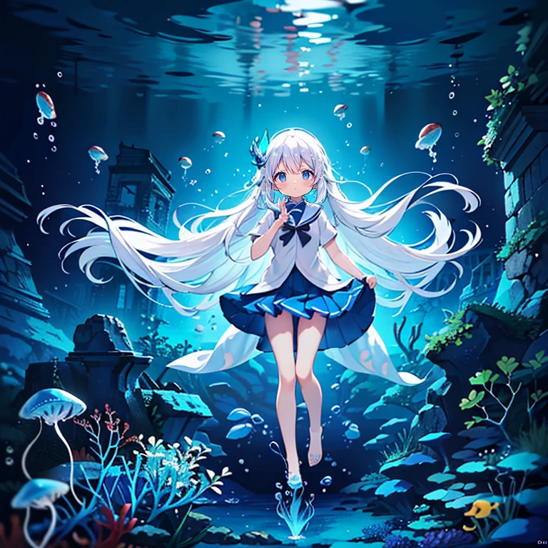(Peace Fly), (highest quality), Very detailed, 1 girl, Personal full-body photo, Perfect Face, beautiful girl, Very detailed顔,(Long white hair:1.5),(blue eyes:1.4),(Flowing Hair:1.4),(Underwater:1.4),sink,school fishy,Light,jellyfish,Seaweed,Redfish,fishy,deep sea,Fantasy