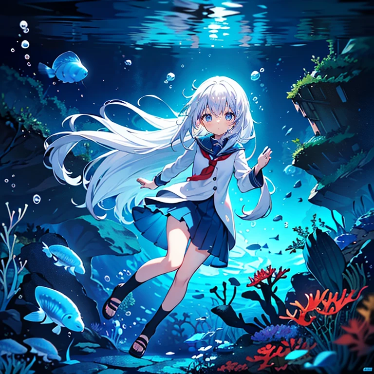 (Peace Fly), (highest quality), Very detailed, 1 girl, Personal full-body photo, Perfect Face, beautiful girl, Very detailed顔，(Long white hair:1.5)，(blue eyes:1.4)，(Flowing Hair:1.4)，(Underwater:1.4)，sink，school fishy，Light，jellyfish，Seaweed，Redfish，fishy，deep sea，Fantasy