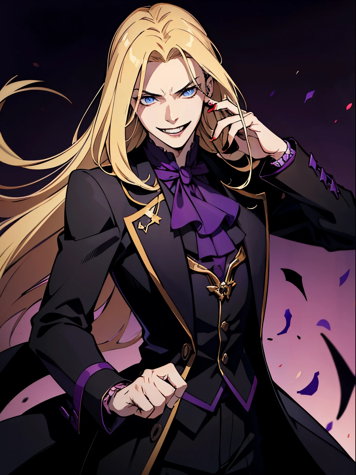 bloddy, masacre, androgynous, perfect face, evil smile, insane, crazy, Black coat, black suit, one young male, beautiful long hair, blond hair, blue eyes, purple victorian shirt, purple jabot, beautiful face, highest quality, wild fighting stance, blood everywhere