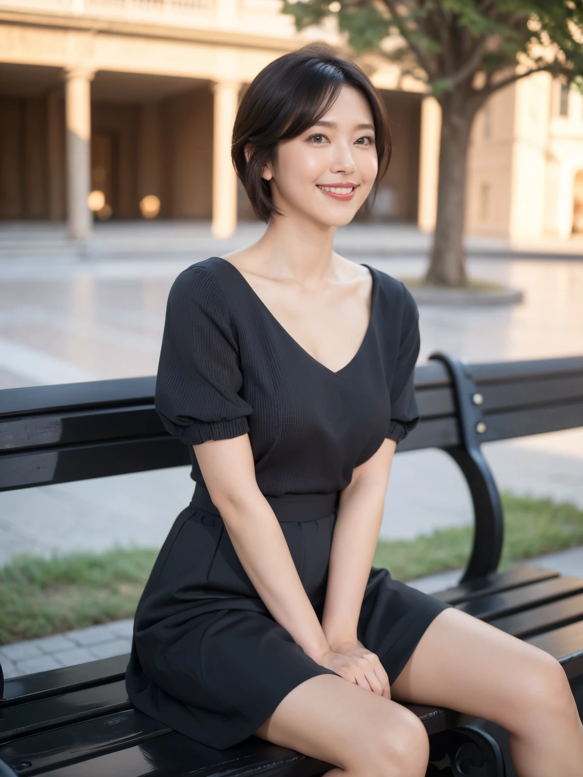 最high quality, In 8K, Masseter region, Vibrant, Sharp focus, high quality, High resolution, Detailed face, Fine grain, Red lips, (Watching the audience), alone, Beautiful woman, 38 years old, (Very short black hair:1.3)、（Bob Hair）、（Standard body shape）、（D cup breasts）、 Cleavage, , afternoon、（Italy、Milan、The square in front of the church:1.5）,(Sitting on a bench:1.5)、（Blue short-sleeved knit dress:1.6）、（Blue knee-length skirt:1.6）、（Black pumps:1.5）、（smile:1.3）、