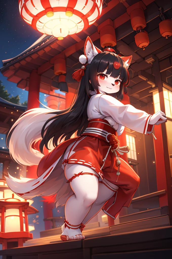 (Bokeh) , 1 hairy inari girl , Short stature , realistic hairy fur , Straight black Long Hair , Round face, swollen cheeks,round eyes , neat hair ties , Japanese Shrine Maiden Clothing , (dynamic Noh dance action:1.3) , in the Inari Shrine , Sacred offerin , (Fly around Will-o'-the-wisp) , midnight