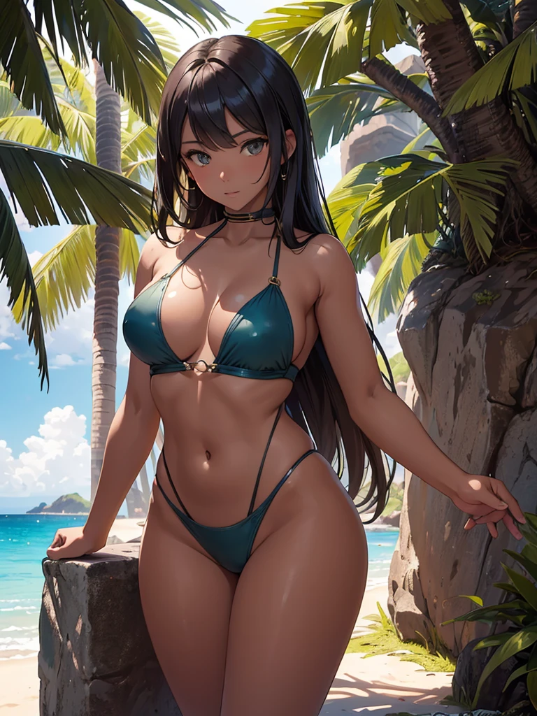 (Masterpiece, best quality, high res、highly detailed cg: 1)、(​top-quality、hight resolution)、A picturesque beach or poolside scene with a female idol posing in various swimsuit shots. The setting is serene with no other people around, emphasizing the natural beauty of the location. The idol is wearing different swimsuits in each pose, showcasing her in playful, seductive, and elegant poses. The sunlight highlights her figure, casting soft shadows and creating a warm, inviting atmosphere. The background includes clear blue water, sandy shores, and lush greenery, enhancing the idyllic and peaceful vibe of the scene. The overall mood is one of beauty, relaxation, and allure. nsfw