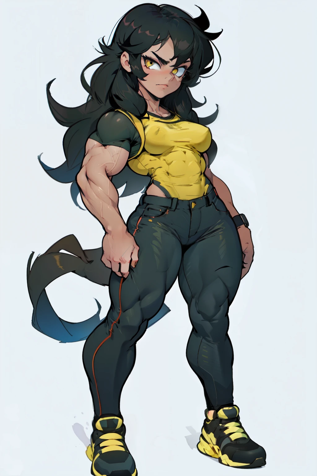 (((((muscular 1girl))))) ((((thick thighs toned body small breasts)))) (pale skin) black hair yellow eyes very long hair ((full body)) tight shirt tight pants