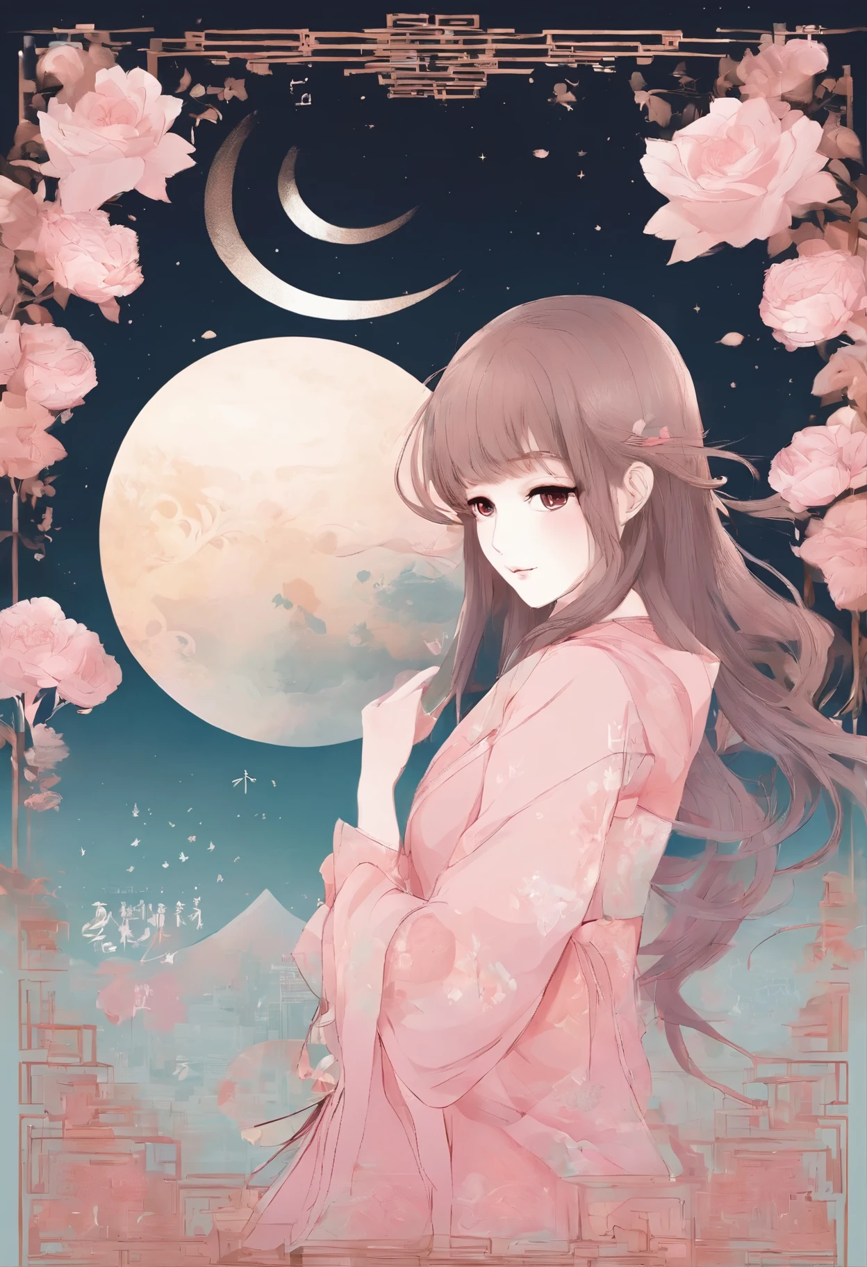 pastel tones,Light style,cozy calm,nature,warm and comfortable,garden,Phonograph record,poster,poster,cover illustration,character,huge, Eye-catching title text,1 moon,Romantic couple kissing in the wind,anatomically correct, Exquisite pattern,Oriental elements, Clean colors,Pink rose space, soft light,masterpiece, super detailed, epic work, best quality, 8k,