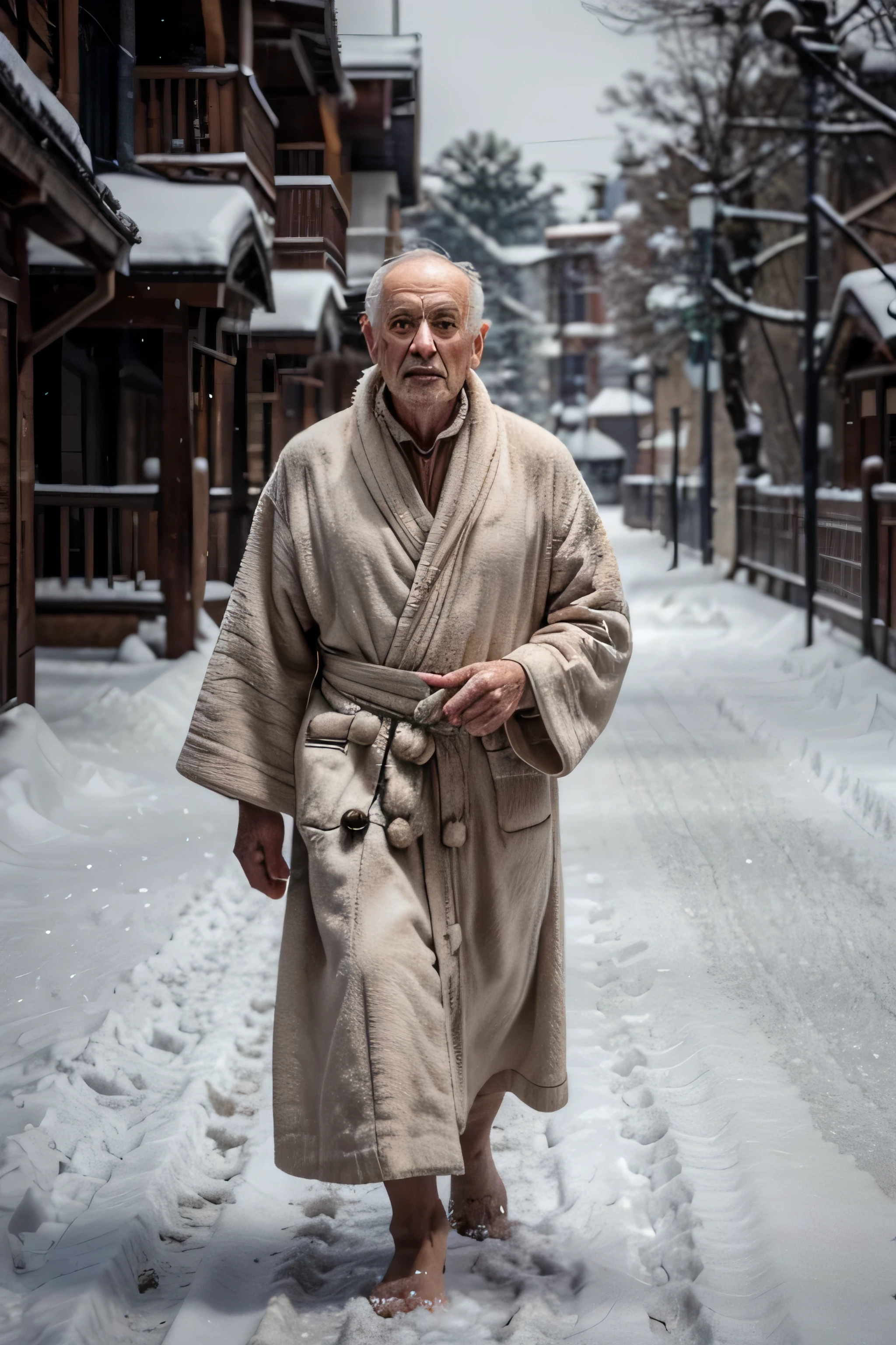 1boy, An old wise man walking through snow, wearing a long robe, high res, high quality, 8k, uhd, sharp details 