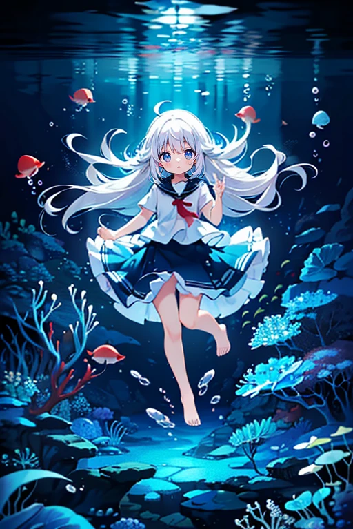 (Peace Fly), (highest quality), Very detailed, 1 girl, Personal full-body photo, Perfect Face, beautiful girl, Very detailed顔，(Long white hair:1.5)，(blue eyes:1.4)，(Flowing Hair:1.4)，(Underwater:1.4)，sink，school fishy，Light，jellyfish，Seaweed，Redfish，fishy，deep sea，Fantasy