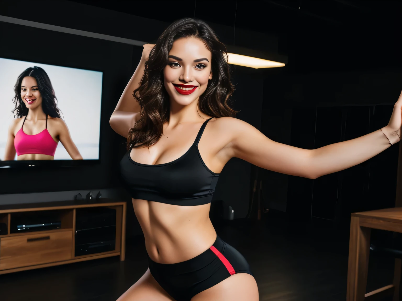 there is a woman standing in front of a TV playing, working out, sweating 4k, wearing a black top and black t-shirt, fitness body, perfect body, perfect mouth, back plane, toned behind, dancing in the background, sports bra and shorts, other women dancing on the TV screen, looking partially to the left, thin Latin woman dancing, interior photo, as if she were dancing, a sensual photo. A woman with white skin and dark hair. She is around 38 years old, he measures 164 cm and weighs 56 kg. Her perfect lips, her large, charming dark brown eyes seem to contain a world of wonders. Slim body. Thin waist. Her body exudes glamor and her face is the definition of beauty. Test, highly realistic, reddish skin, beautiful, slightly full lips, red lipstick, smiling, feeling of lightness and joy, hyper-realism, very elaborate skin, direct look. Full body photo, clear photo, high quality, high resolution, masterpiece, 16K. Masterpiece: 1.3, high resolution, (photographically realistic), 8k, NUDE, NUDITY, NFSW.
