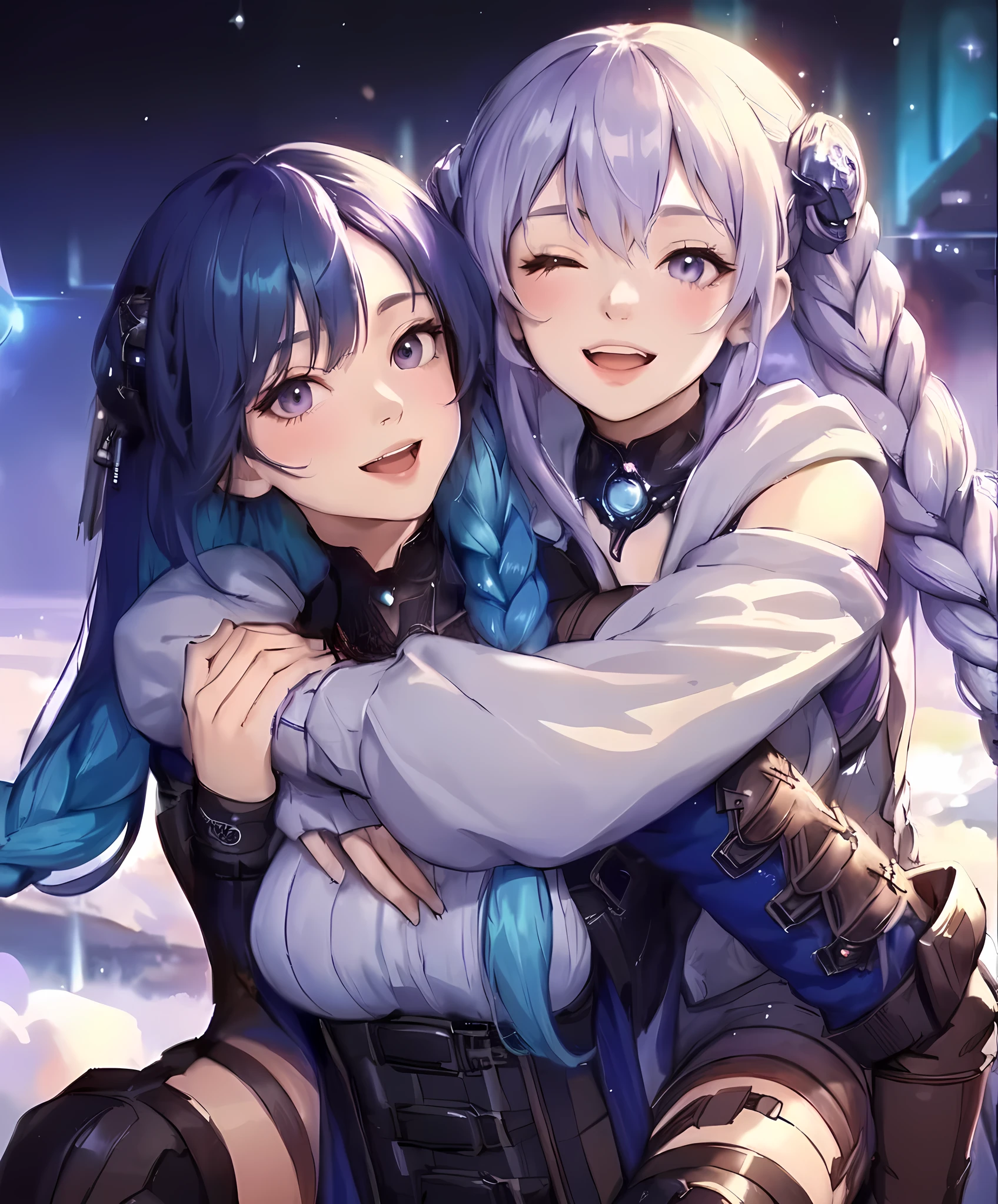 2ladies, (1lady carrying the other on back), walking, (futuristic costume) stylish, mature female, (masterpiece best quality:1.2) delicate illustration ultra-detailed, large breasts BREAK 1lady, (light purple long hair), twin braid, blush happy smile, (eyes lightly closed), (open mouth) BREAK 1lady, (dark blue long hair), (gradient hair) green, (kind smile) BREAK (futuristic city) outdoors, soft lighting, science fiction, detailed background