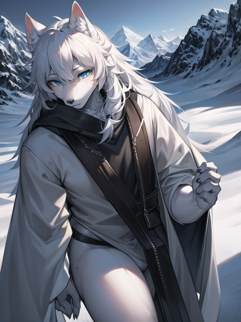 "Surreal 32K, Portrait of a Russian wolf,Capture every pore and texture with a delicate texture and form, a huge and mysterious wild wolf,Covered in white stripes, has blue eyes, A stark contrast to the surrounding landscape, the wolf walking in the snow, The background is a snowy mountain and wide sky,Dream scenes built with Unreal Engine 5, Stunning visuals!"