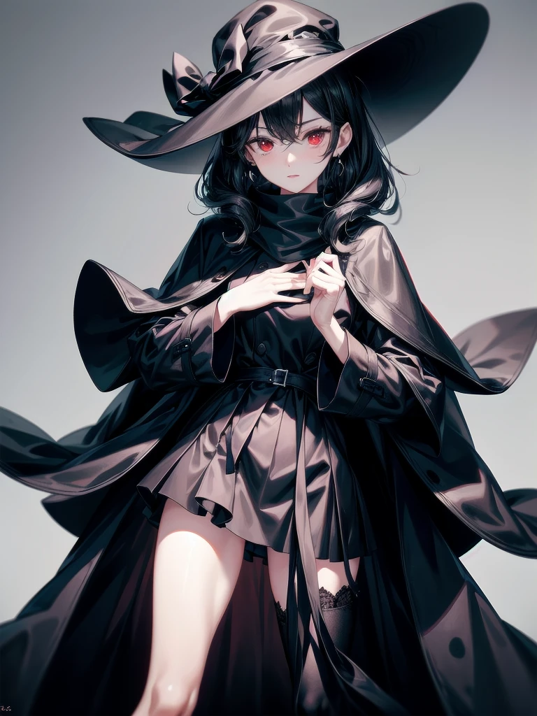 black French wide-brimmed hat, black trench coat, Black scarf, Gauze wrapped around the neck, absurdres, RAW photo, extremely delicate and beautiful, masterpiece, Best Quality, ultra high resolution, 32k, hyperrealistic, ultra-detailed, detailed description, pale skin, 20 years old, tearful mole, earring, short medium hair, wavy hair, whole body shot, legs, Red eyes, 