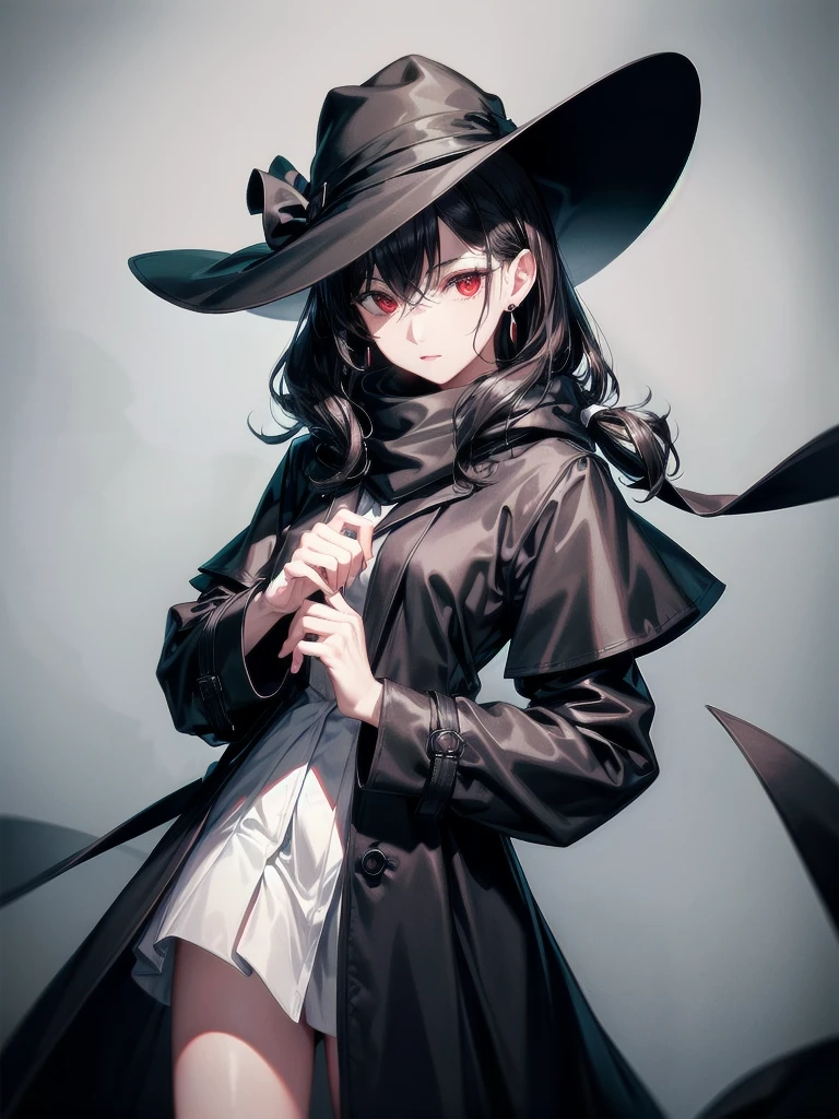 black French wide-brimmed hat, black trench coat, Black scarf, Gauze wrapped around the neck, absurdres, RAW photo, extremely delicate and beautiful, masterpiece, Best Quality, ultra high resolution, 32k, hyperrealistic, ultra-detailed, detailed description, pale skin, 20 years old, tearful mole, earring, short medium hair, wavy hair, whole body shot, legs, Red eyes,