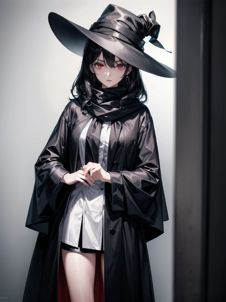 black French wide-brimmed hat, black trench coat, Black scarf, Gauze wrapped around the neck, absurdres, RAW photo, extremely delicate and beautiful, masterpiece, Best Quality, ultra high resolution, 32k, hyperrealistic, ultra-detailed, detailed description, pale skin, 20 years old, tearful mole, earring, short medium hair, wavy hair, whole body shot, legs, Red eyes, 