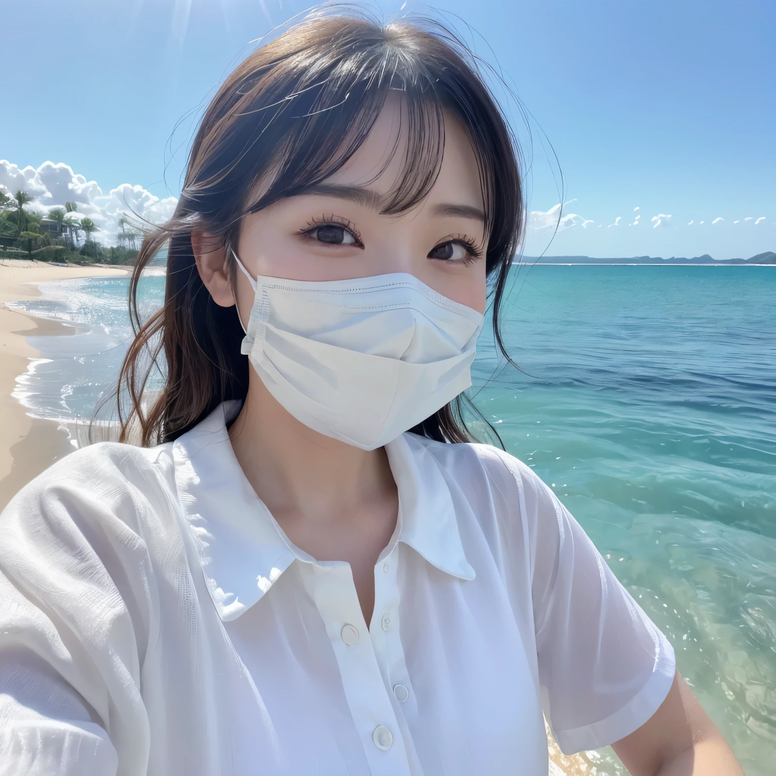 ((highest quality、Tabletop、8k、Best image quality、Award-winning works、Ultra-high resolution))、(A big smile showing beautiful white teeth:1.1)、(Beautiful beaches:1.1)、(Perfect white polyester collared short sleeve shirt:1.1)、(Perfect high white shirt made of polyester:1.1)、(High ribbon that fits perfectly around the chest:1.1)、The most natural and perfect sea background、最も澄んだBeautiful sea、(front closeup:1.3)、Black brown hair、Hair swaying in the wind、Sandy Beach、Beautiful sea、(鮮やかで澄んだBeautiful sea:1.1)、The clearest and most shining sea、Complex sea glow、The most detailed and realistic ocean、Beautiful seaの詳細が描かれています、(Very bright and radiant skin:1.1)、(Ultra-high resolutionの完璧な美しい歯:1.1)、Ultra-high resolutionヘア、Ultra-high resolutionのキラキラ瞳、(Ultra-high resolutionで輝く純白の肌:1.1)、Ultra-high resolutionの艶やかな唇、(A very bright and shining face:1.1)、(very bright and vivid:1.1)、(Very refreshing:1.1)、(Radiant whiteness and beautiful skin:1.1)、(Very bright white shirt:1.1)、(Very bright and radiant skin:1.1)、Blurred Background、(Face covered with a large amount of semen:1.5)、(Close up of a cum covered face:1.5)、(完璧にバランスが取れたUltra-high resolutionの美しい顔:1.1)