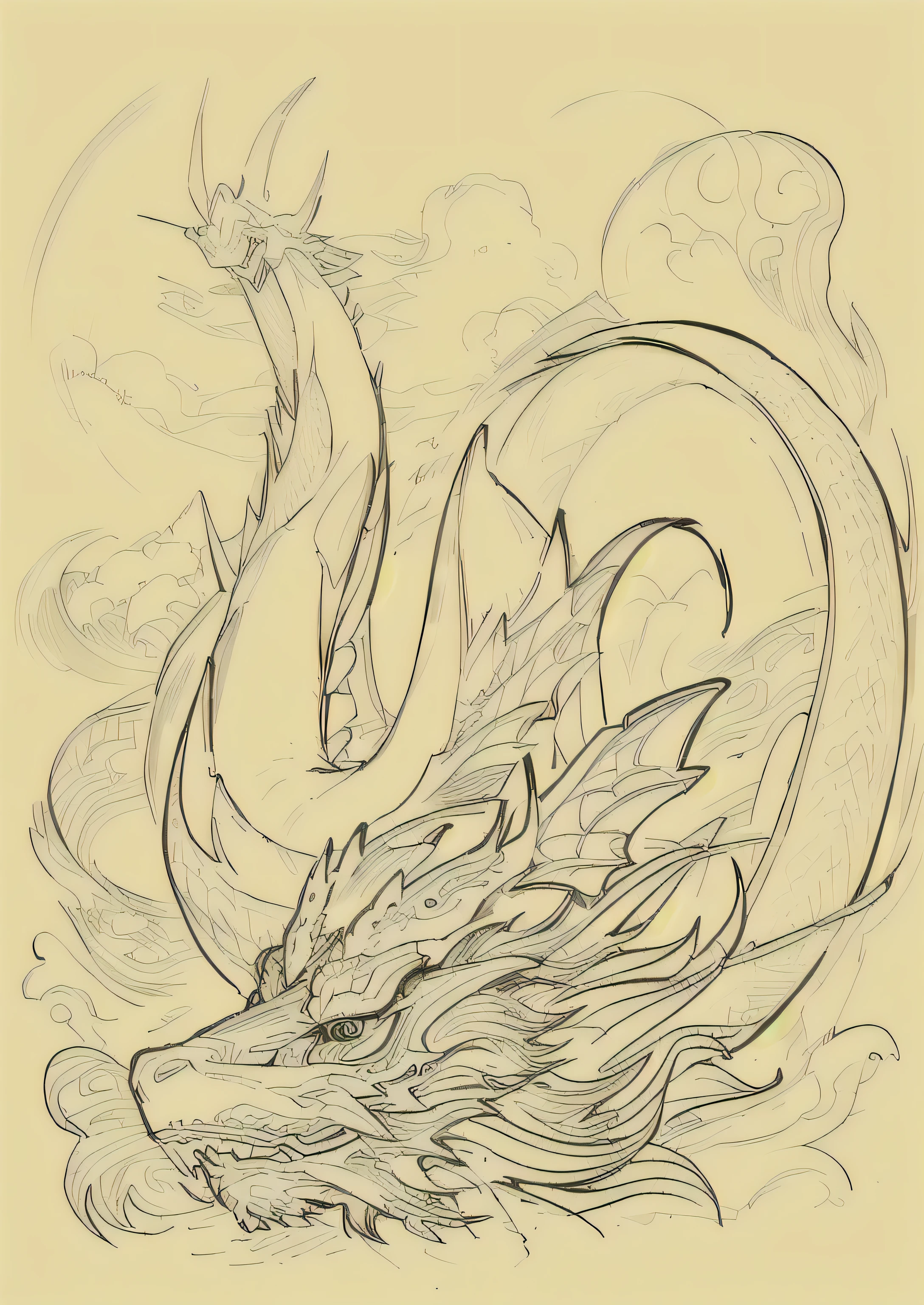 a drawing of a dragon head with a long tail, extremely detailed linework, highly detailed linework, detailed linework, dynamic linework, spontaneous linework, smooth chinese dragon, insanely detailed linework, perfectly detailed linework, precise and intricate linework, sketchy expressive linework, digesting a small dragon, clean ink detailed line drawing