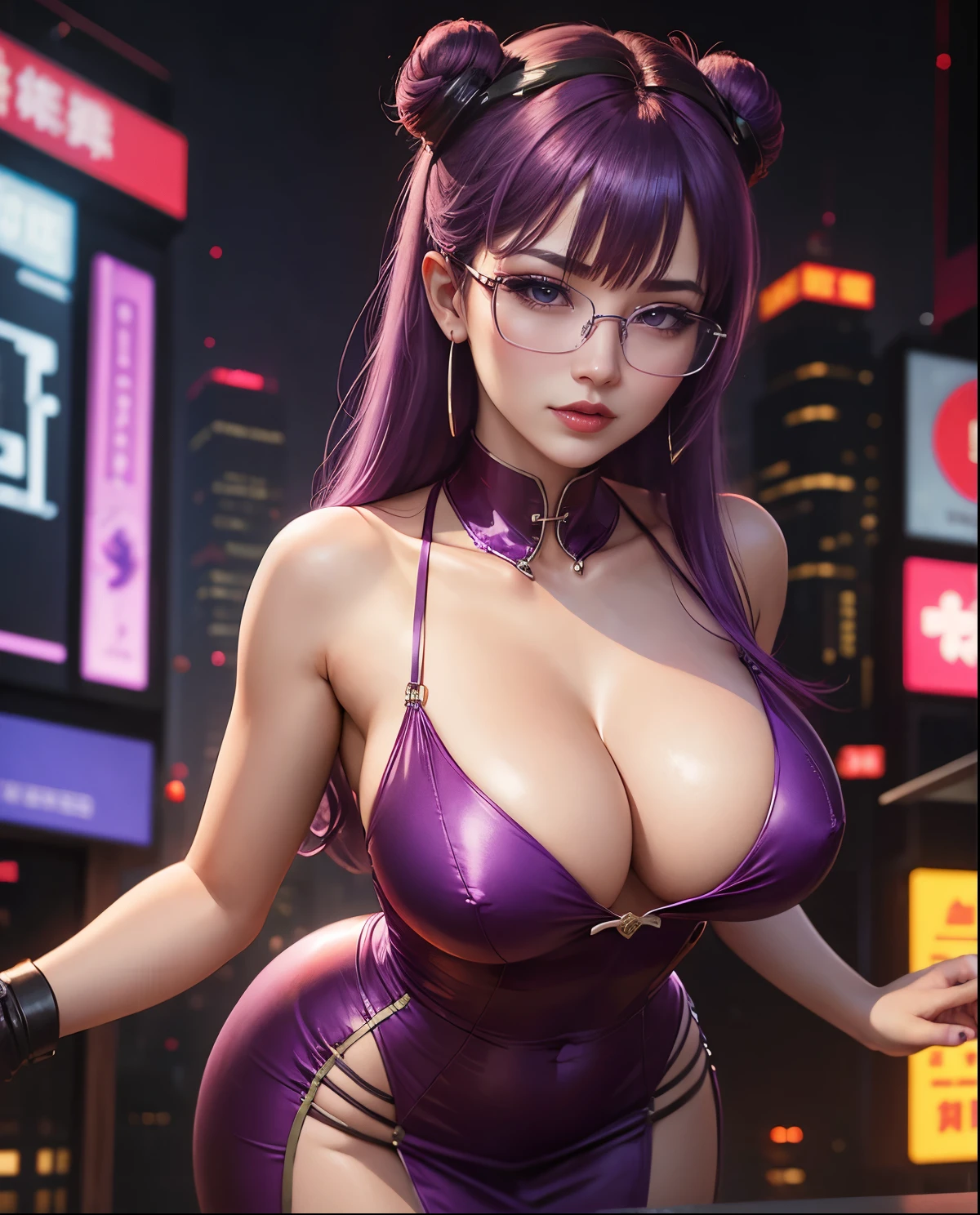 Purple hair with bangs Rimless glasses Bright red rouge lips Big Breasts China dress cyberpunk building city
