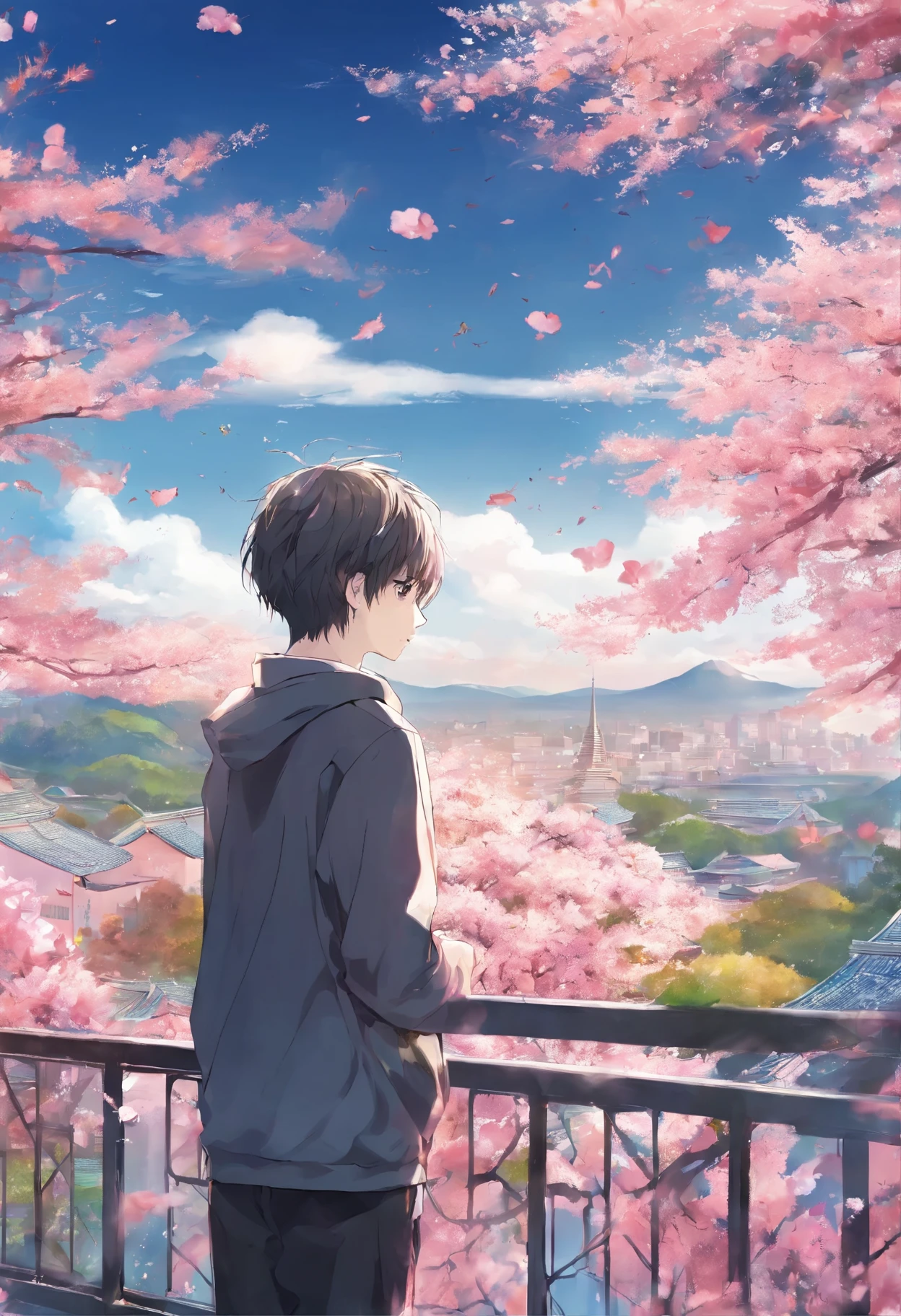 High school boy standing on the roof,Looking down on the schoolyard from the roof of a high school building,A male high school student wearing a hoodie standing on the roof,Cherry blossoms blooming in the schoolyard,blurred background,A sentimental and fantasy scene befitting a graduation.,spring,Cherry tree in full bloom,Scattering cherry blossom petals,today、My favorite senior is graduating,farewell,sadness,dream-like,Fantasy,Intricate details,Color illustrations,Zentangle Elements,rendering,colorful,Cast a colorful spell,Wide range of colors,Intricate details,rendering,,masterpiece,best masterpiece,highest quality,Beautiful light and shadow,