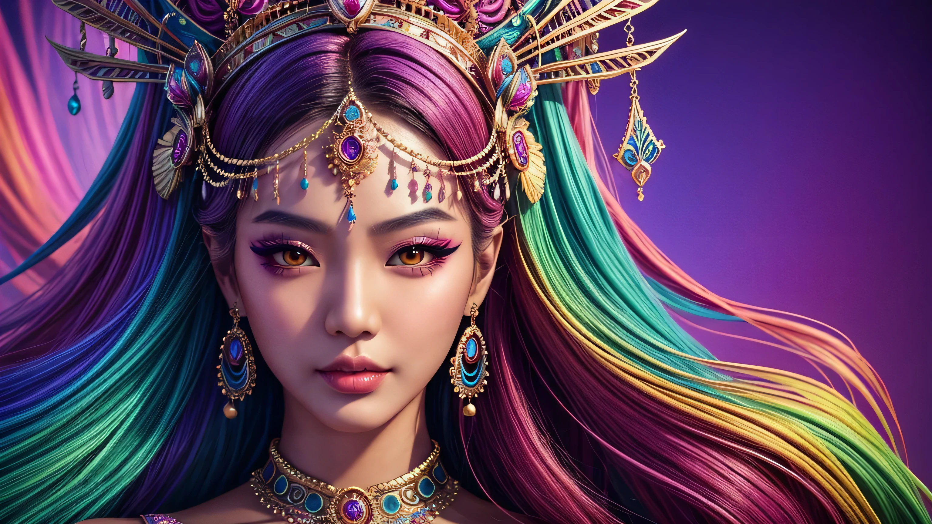 Close-up of a woman wearing a colorful headdress and makeup., colorfull digital fantasy art, exquisite digital illustration, psychedelic goddesses, Spectacular digital art, Highly detailed digital art, fantasy art behance, 3 d goddesses portrait, goddesses. very high details, beautiful digital artwork, (Realistic face details), intricate detailed, very high details, photo-hyper-realistic, 8k, UHD, hyperdetailed,