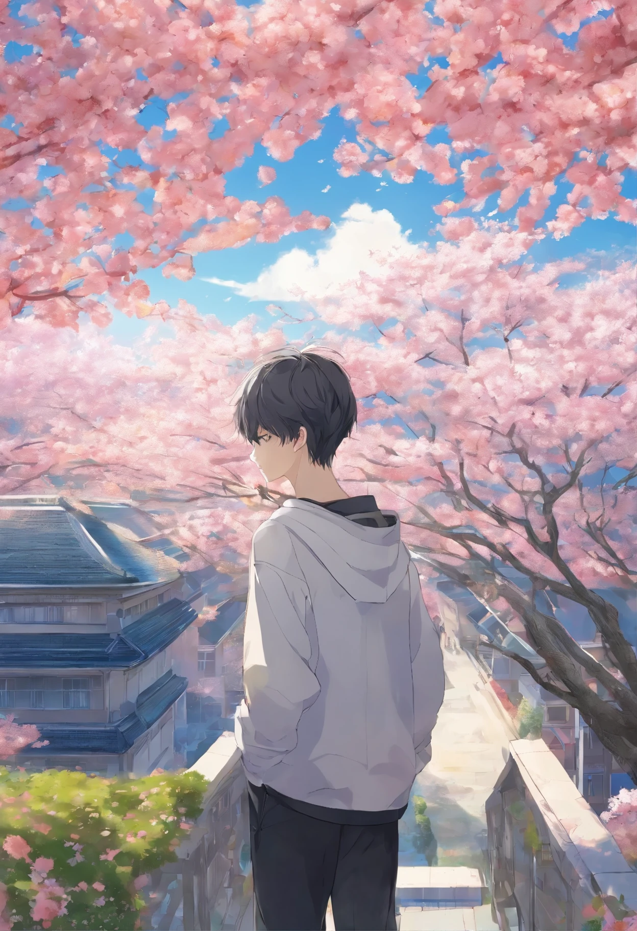 High school boy standing on the roof,Looking down on the schoolyard from the roof of a high school building,A male high school student wearing a hoodie standing on the roof,Cherry blossoms blooming in the schoolyard,blurred background,A sentimental and fantasy scene befitting a graduation.,spring,Cherry tree in full bloom,Scattering cherry blossom petals,today、My favorite senior is graduating,farewell,sadness,dream-like,Fantasy,Intricate details,Color illustrations,Zentangle Elements,rendering,colorful,Cast a colorful spell,Wide range of colors,Intricate details,rendering,,masterpiece,best masterpiece,highest quality,Beautiful light and shadow,