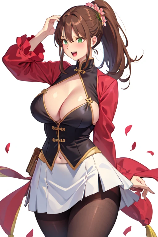 zheng style, Green Eyes, blush, Ponytail, flower, long hair, Large Breasts,(((Large Breasts、Low-cut,Cleavage, Wide hips,)))Long legs , Ahog, Solitary, Pantyhose, White background, skirt, brown hair, pencil skirt, teacher, 1 Girl, open mouth, Smile,Put your hands behind your back