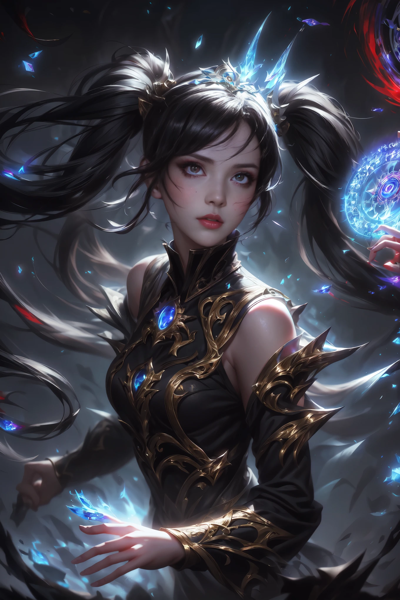 (masterpiece, best quality, ultra-detailed, best shadow), (detailed background,dark fantasy), (beautiful detailed face), high contrast, (best illumination, an extremely delicate and beautiful), ((cinematic light)), colorful, hyper detail, dramatic light, intricate details, (1 girl, solo,black hair, sharp face,low twintails,red eyes, hair between eyes,dynamic angle), blood splatter, swirling black light around the character, depth of field,black light particles,(broken glass),magic circle,