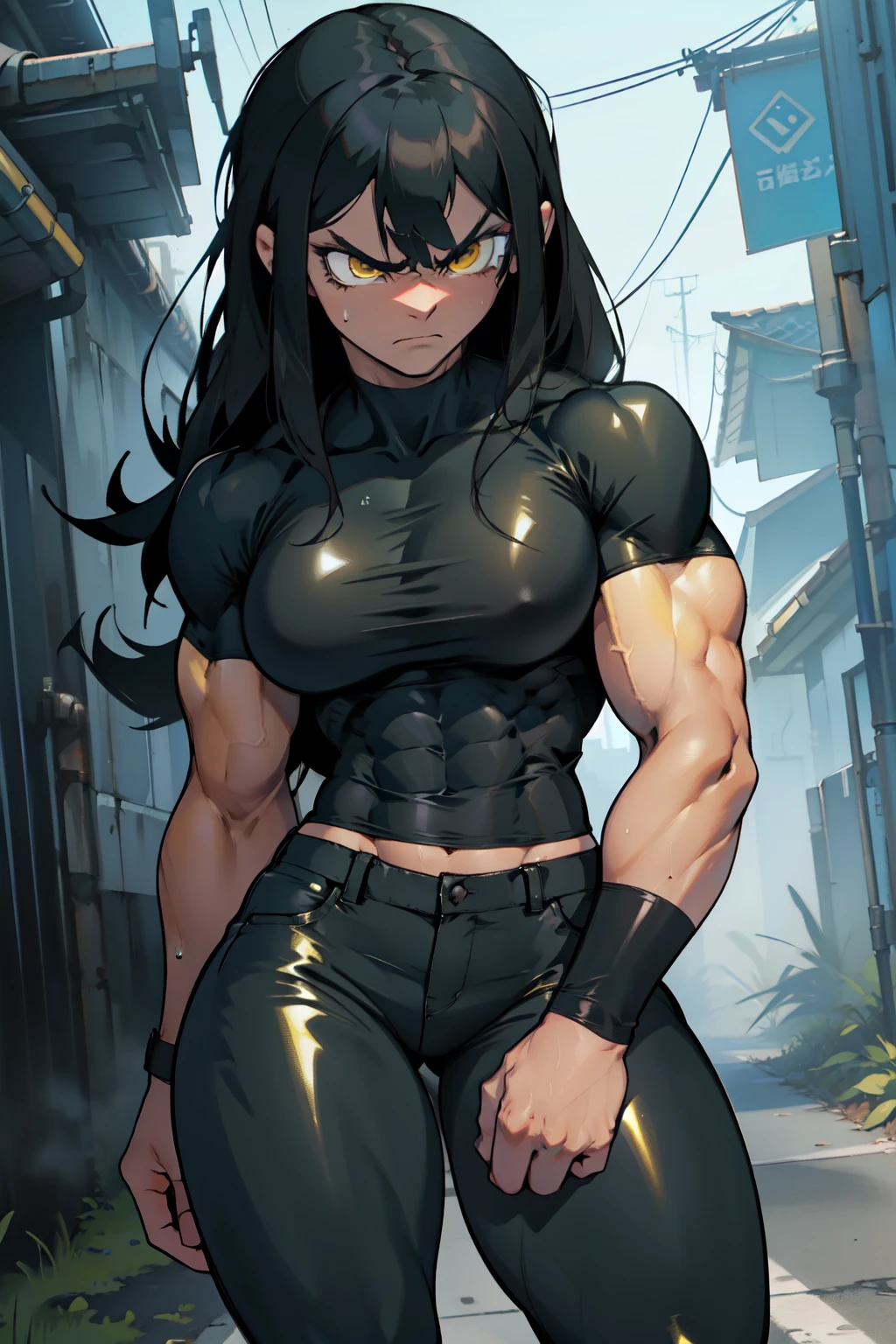 dark atmosphere shadow sweaty shiny skin foggy (tight pants tight shirt) angry pale skin black hair very long hair yellow eyes ((((1girl muscular)))) (thick thighs large breasts) long abs