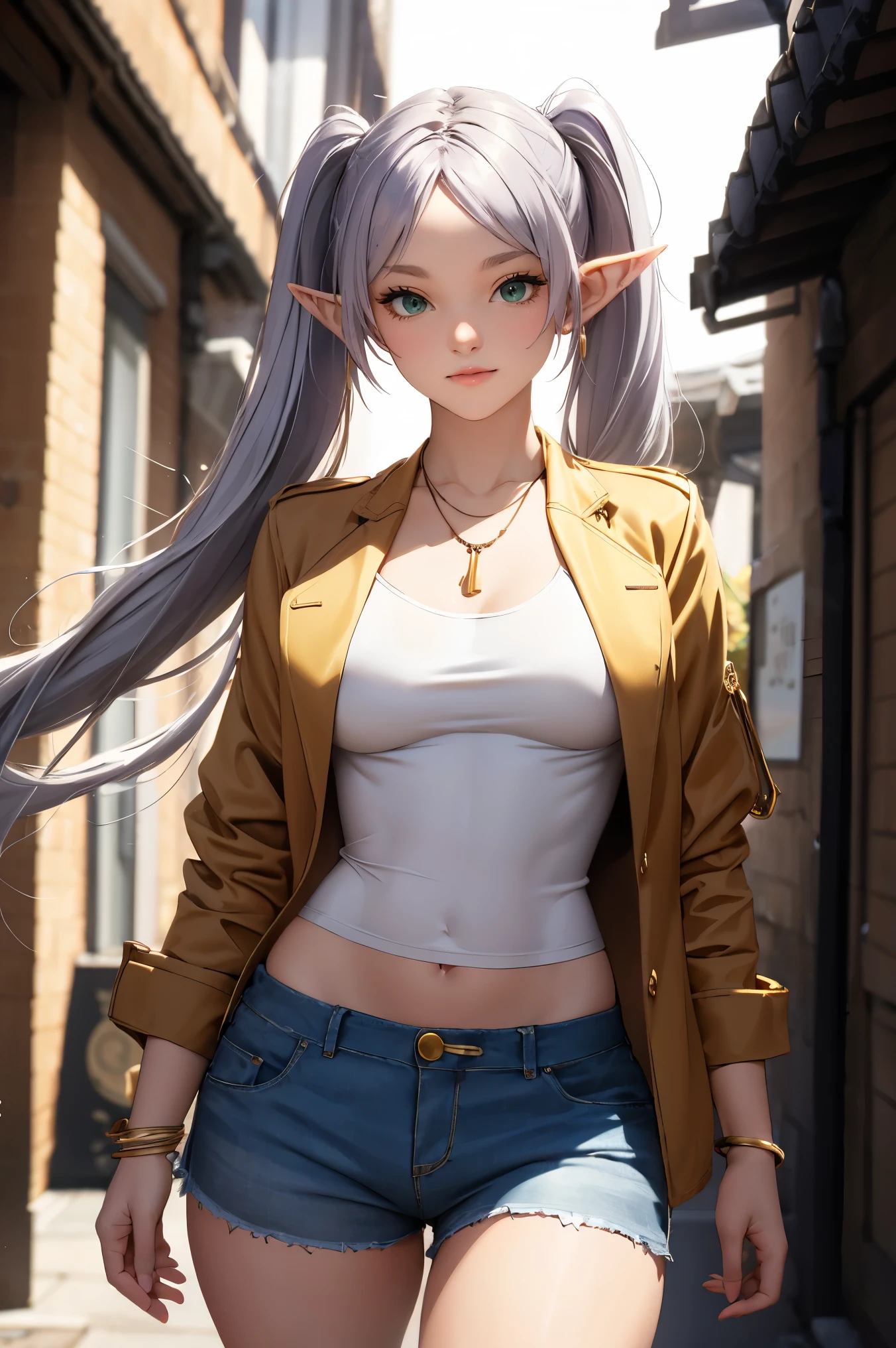 (masterpiece), best quality, expressive eyes, perfect face, 1 female, long hair, twintails, (green eyes), grey hair, pointy ears, elf, slight smile, medium breasts, wide hips, thighs, cowboy shot, looking at the viewer, frieren (sousou no frieren), brown jacket, necklace, bracelet, blue shorts, (wind), outdoors, city alley, day, sun light, smoke, buildings, stand up straight