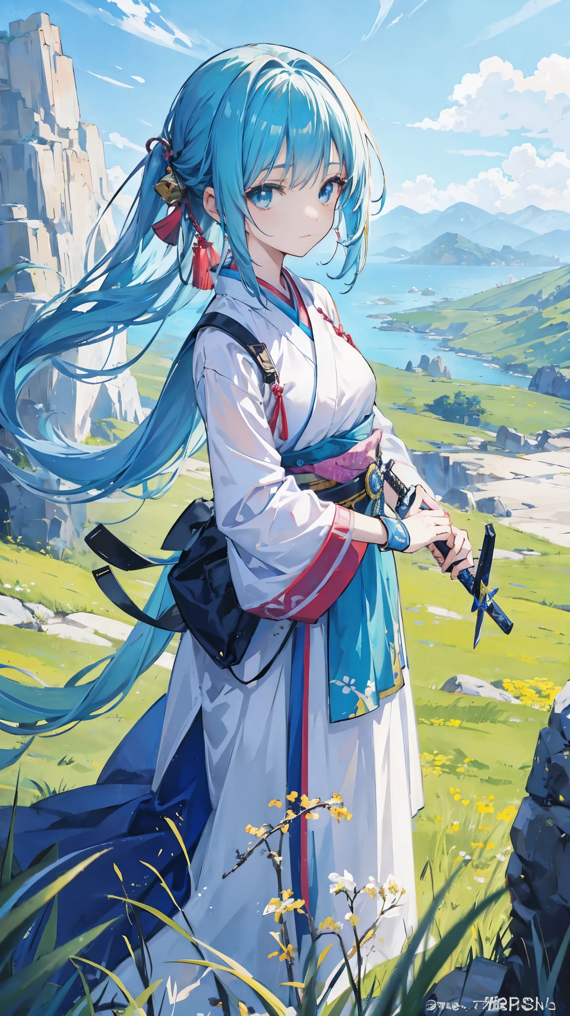 Anime girl , sci-fi, sword,hanbok blue, nature Grass Field,rock, backdrop 