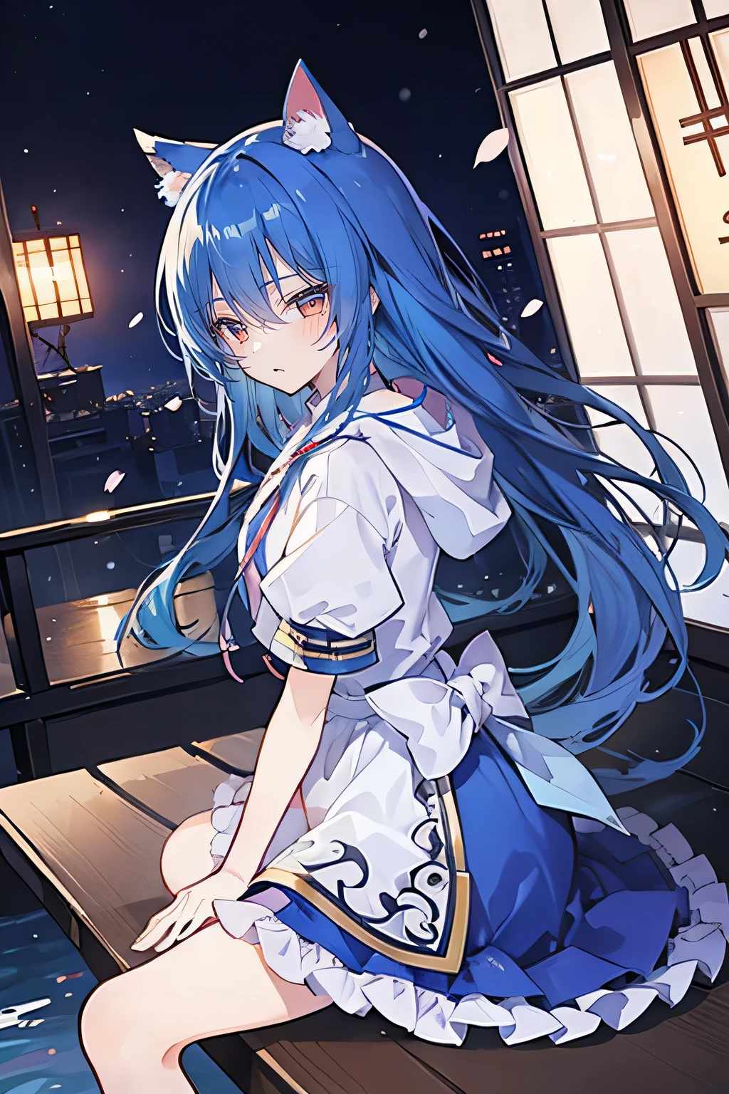 (masterpiece:1.2),Super detailed,lifelike,Expressive eyes,fair skin,perfect face shape,1 girl,
Japanese comics,Gorgeous blue hair,flowing blue hair,flowing clothes,Cat ears,Petals fall,beautiful lola,Baby Angel,
Cross your legs,Gentle and peaceful background,The pavilion is cool and comfortable,smile, wearing hoodie, background of tokyo,back views,snowing, winter,sad face ,crying.