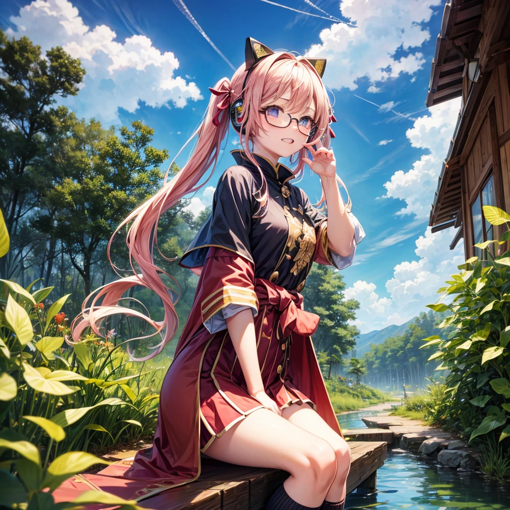 Pink Blue Gold Golden Hair、Golden Eyes、One good looking girl、Twin tails、solo、anime、Checkered mini skirt、The skirt has buttons、Red T-shirt、China、Cape、Black knee-high socks、Wearing headphones、Wearing a ribbon、Ribbon on waist、Tilting face、Teeth are visible、Sunset sky、Water Mountain、Piercing the clouds、Contrail、Glasses、tree、Sitting、Touching your face、lotus leaves、canal、Cumulonimbus、bamboo forest