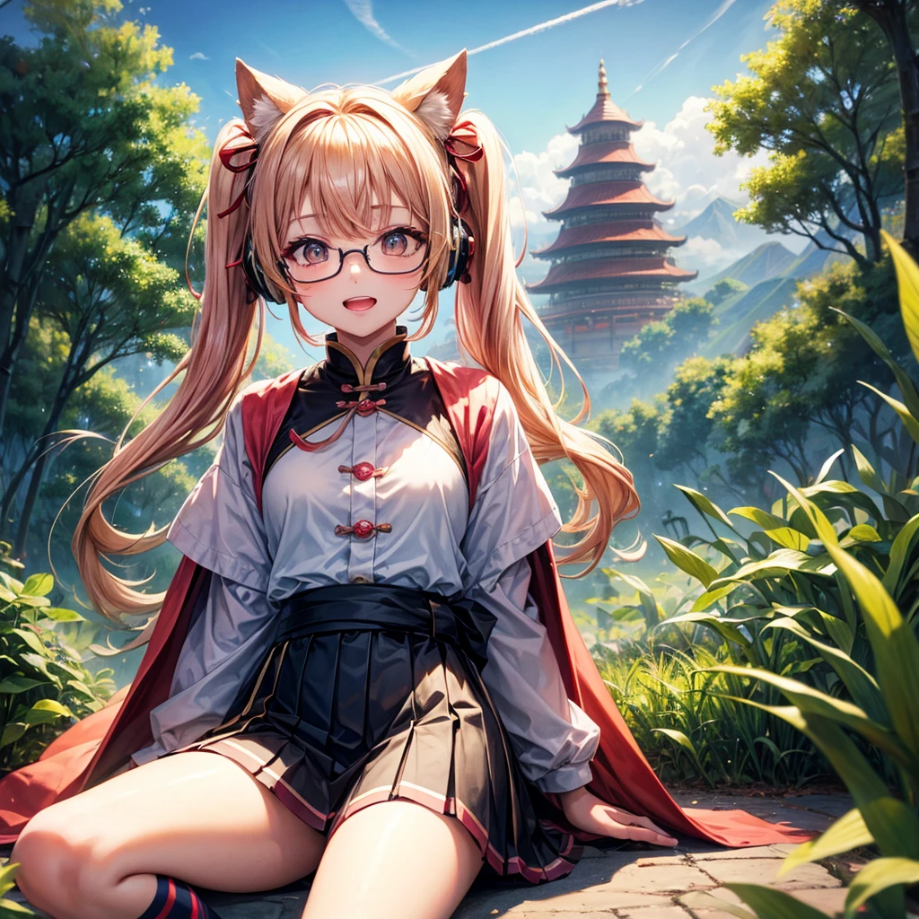 Pink Blue Gold Golden Hair、Golden Eyes、Two good looking girls、Twin tails、solo、anime、Checkered mini skirt、The skirt has buttons、Red T-shirt、China、Cape、Black knee-high socks、Wearing headphones、Wearing a ribbon、Ribbon on waist、Tilting face、Teeth are visible、Sunset sky、Water Mountain、Piercing the clouds、Contrail、Glasses、tree、Sitting、Touching your face、lotus leaves、canal、Cumulonimbus、bamboo forest、Facing each other