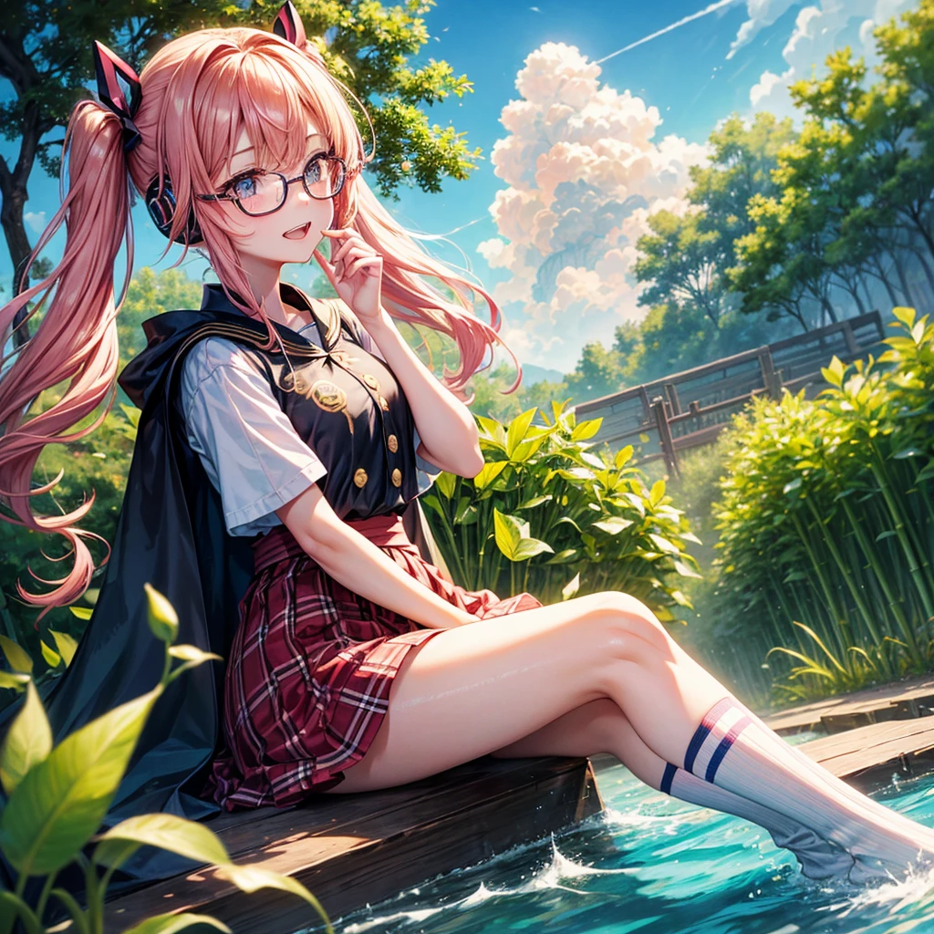 Pink Blue Gold Golden Hair、Golden Eyes、One good looking girl、Twin tails、solo、anime、Checkered mini skirt、The skirt has buttons、Red T-shirt、China、Cape、Black knee-high socks、Wearing headphones、Wearing a ribbon、Ribbon on waist、Tilting face、Teeth are visible、Sunset sky、Water Mountain、Piercing the clouds、Contrail、Glasses、tree、Sitting、Touching your face、lotus leaves、canal、Cumulonimbus、bamboo forest