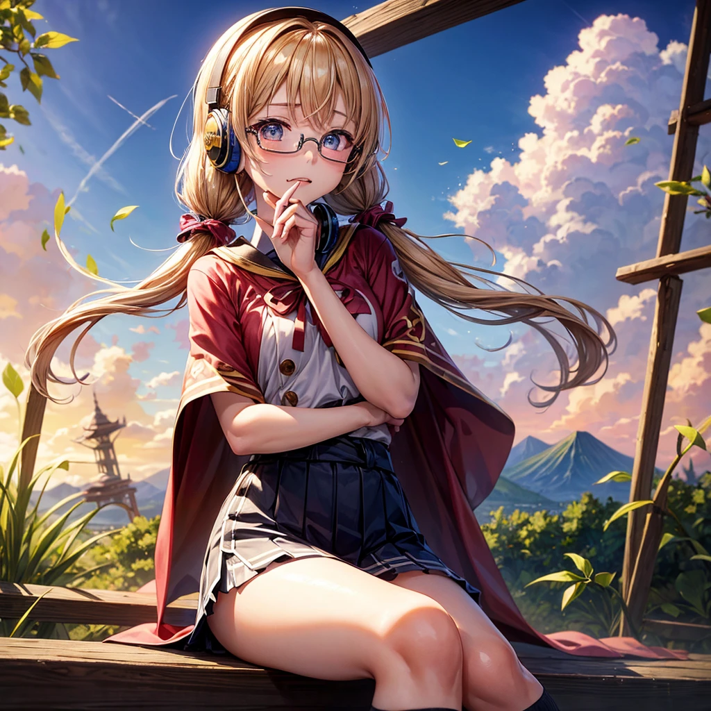 Pink Blue Gold Golden Hair、Golden Eyes、One good looking girl、Twin tails、solo、anime、Checkered mini skirt、The skirt has buttons、Red T-shirt、China、Cape、Black knee-high socks、Wearing headphones、Wearing a ribbon、Ribbon on waist、Tilting face、Teeth are visible、Sunset sky、Water Mountain、Piercing the clouds、Contrail、Glasses、tree、Sitting、Touching your face、lotus leaves、canal、Cumulonimbus、bamboo forest