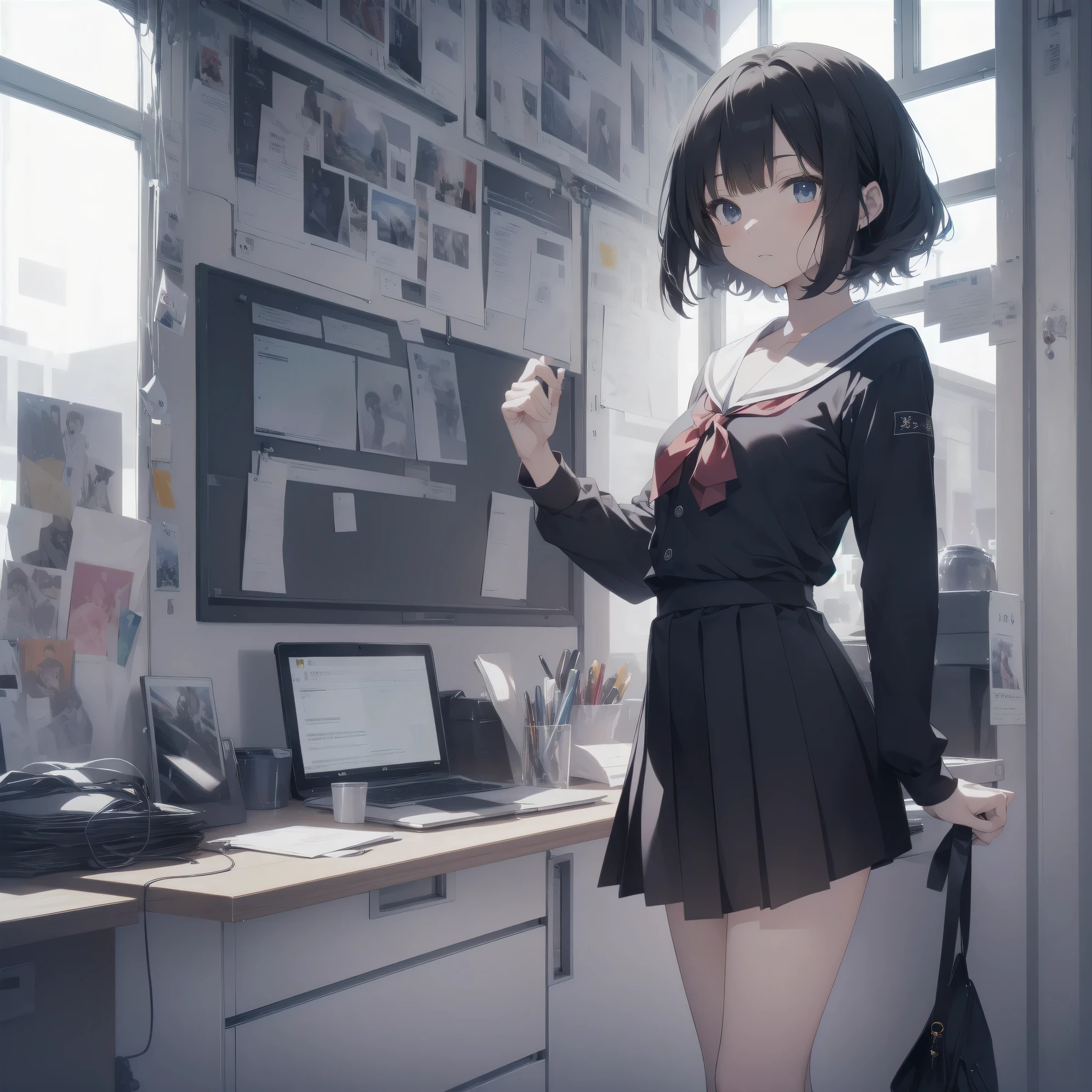 ultra-absurdres-Top quality by artist God, ultra-detailed, high resolution, anime moe artstyle, best anime 8k konachan wallpaper, pixiv contest winner, pool:2810, perfect anatomy,break, 1girl, (Please draw a girl walking sleepily to school alone. )break,(Solo,little female, 13-year-old:1.3),Full limbs, complete fingers,a junior high school student, (very short hair), short cut, flat chest, , small butt, small black eyes, beautiful detailed eyes, well-proportioned iris and pupils, expressive eyes, highres detailed hair, soft expression, salor school_uniform, sailor collar, serahuku, bow, pleated skirt,(Detailed Lighting), (Detailed background), in the School commute route. break,super detailed skin, Best cinematic lighting powered by famous artist, 8k,beauty illustration,photoshop_(medium),very aesthetic,break,((artist:iesupa )), artist:clamp ,artist:carnelian ,artist:kantoku ,