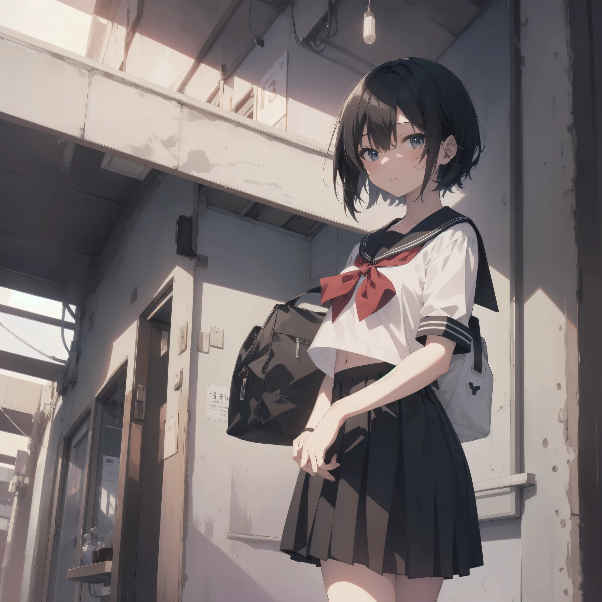 ultra-absurdres-Top quality by artist God, ultra-detailed, high resolution, anime moe artstyle, best anime 8k konachan wallpaper, pixiv contest winner, pool:2810, perfect anatomy,break, 1girl, (Please draw a girl walking sleepily to school alone. )break,(Solo,little female, 13-year-old:1.3),Full limbs, complete fingers,a junior high school student, (very short hair), short cut, flat chest, , small butt, small black eyes, beautiful detailed eyes, well-proportioned iris and pupils, expressive eyes, highres detailed hair, soft expression, salor school_uniform, sailor collar, serahuku, bow, pleated skirt,(Detailed Lighting), (Detailed background), in the School commute route. break,super detailed skin, Best cinematic lighting powered by famous artist, 8k,beauty illustration,photoshop_(medium),very aesthetic,break,((artist:iesupa )), artist:clamp ,artist:carnelian ,artist:kantoku ,