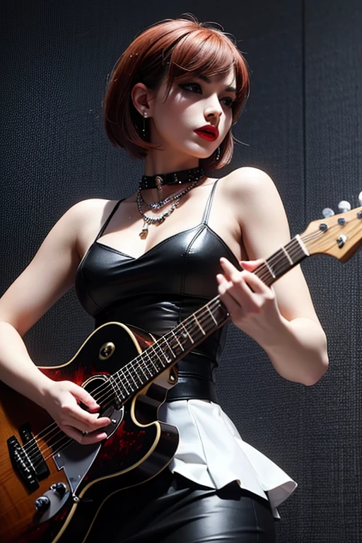 retro photography, 1960s , (girl) in Music concert , girl hold guitar standing front of stage, White Rebel jacket (font anime girl) , black Long skirt, Wild haircut, short red hair, dark red lips, dark heavy eyeshadow, piercings, lip rings, earrings, eyebrow rings, nipple rings, goth, dungeon, dark, dimmed light , dark erotic fantasy , NSFw