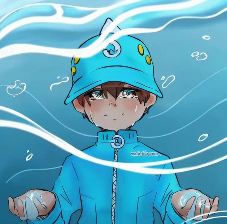 a close up of a person wearing a blue hat and a blue jacket, water element, handsome boy,