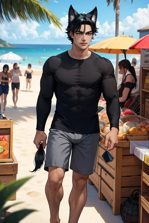 A muscular black haired man with golden eyes and black fox ears and a black fox tail in swim trunks is shopping in a beach side town