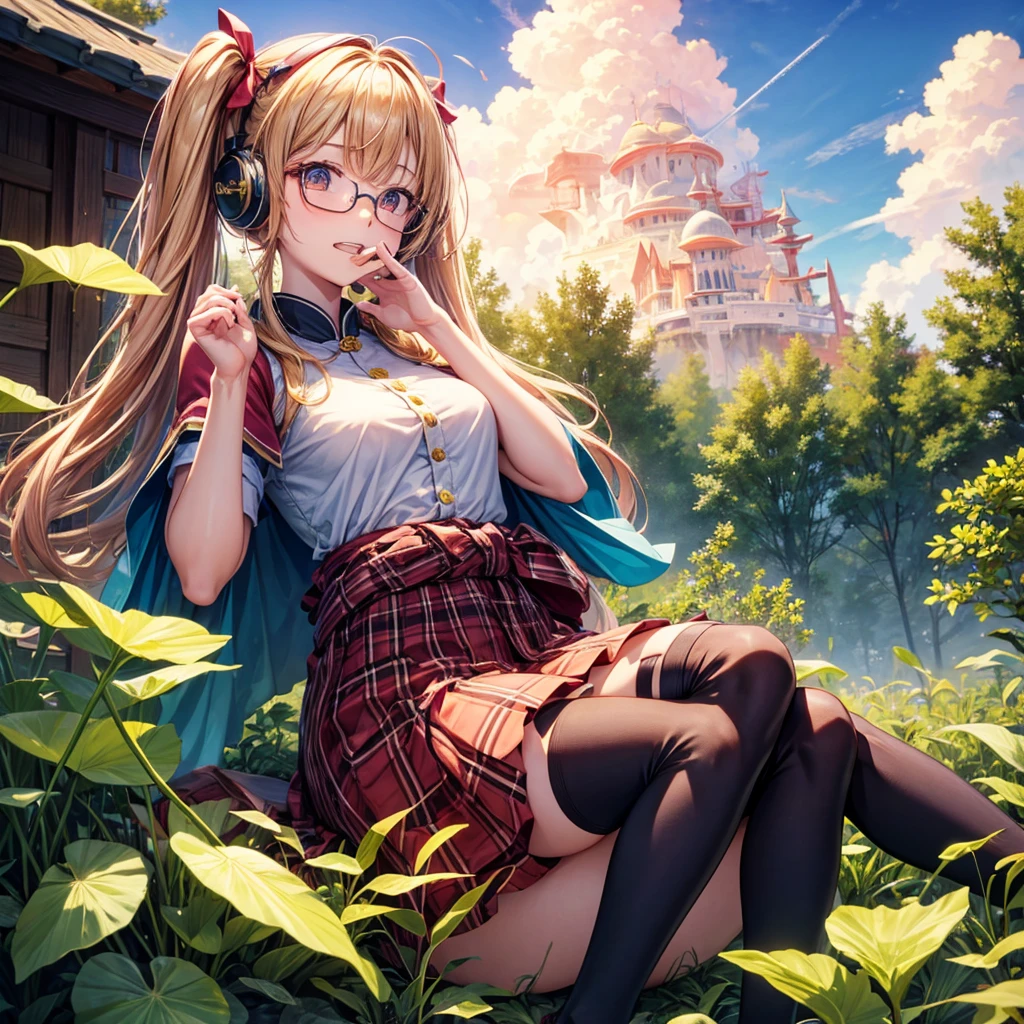 Pink gold golden hair、Golden Eyes、One good looking girl、Twin tails、solo、anime、Checkered mini skirt、The skirt has buttons、Red T-shirt、China、Cape、Black knee-high socks、Wearing headphones、Wearing a ribbon、Ribbon on waist、Tilting face、Teeth are visible、Sunset sky、Water Mountain、Piercing the clouds、Contrail、Red lens glasses、tree、Touching your face、lotus leaves、Cumulonimbus、bamboo forest、Lying down