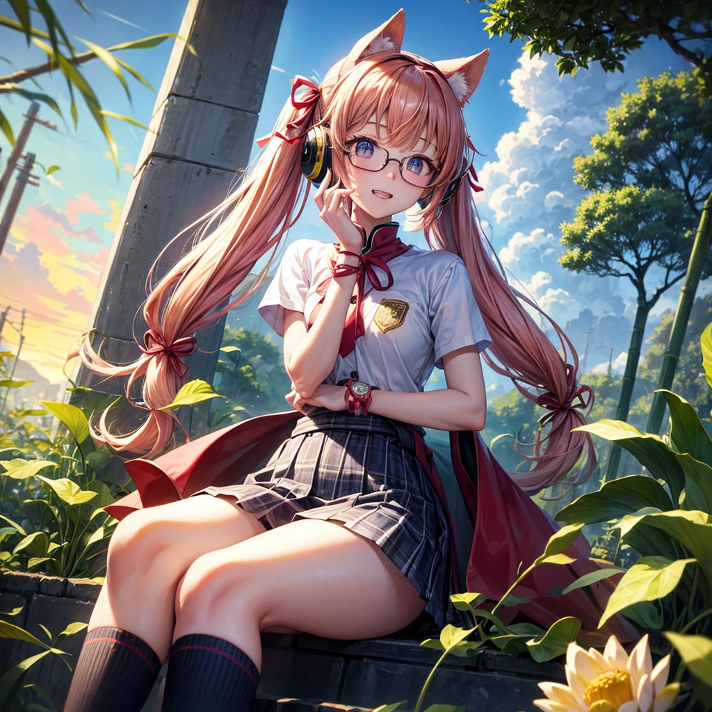 Pink Blue Gold Golden Hair、Golden Eyes、Two good looking girls、Twin tails、solo、anime、Checkered mini skirt、The skirt has buttons、Red T-shirt、China、Cape、Black knee-high socks、Wearing headphones、Wearing a ribbon、Ribbon on waist、Tilting face、Teeth are visible、Sunset sky、Water Mountain、Piercing the clouds、Contrail、Glasses、tree、Sitting、Touching your face、lotus leaves、canal、Cumulonimbus、bamboo forest、Facing each other