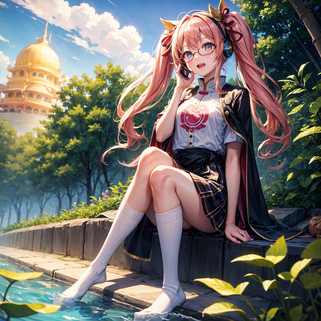 Pink Blue Gold Golden Hair、Golden Eyes、One good looking girl、Twin tails、solo、anime、Checkered mini skirt、The skirt has buttons、Red T-shirt、China、Cape、Black knee-high socks、Wearing headphones、Wearing a ribbon、Ribbon on waist、Tilting face、Teeth are visible、Sunset sky、Water Mountain、Piercing the clouds、Contrail、Glasses、tree、Sitting、Touching your face、lotus leaves、canal、Cumulonimbus、bamboo forest、Facing each other