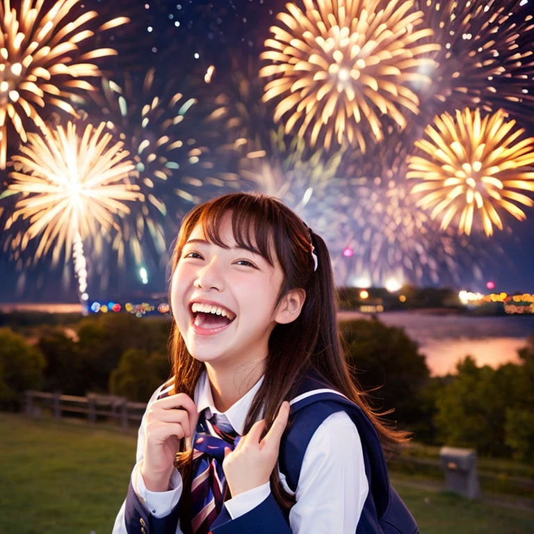 Laughter、high school girl、uniform、While setting off fireworks、Starry Sky、Aurora