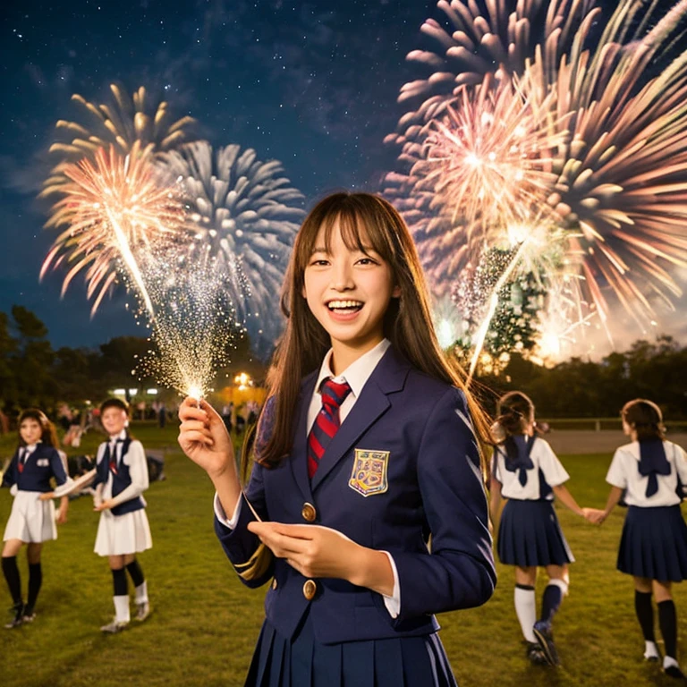 Laughter、high school girl、uniform、While setting off fireworks、Starry Sky、Aurora