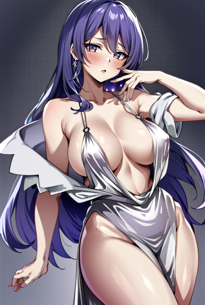 Bigboobs,long purple hair,evening gown,saggy breast,lewd face,blush,wide hips,st louis,silver long dress,sexy pose,look at viewer