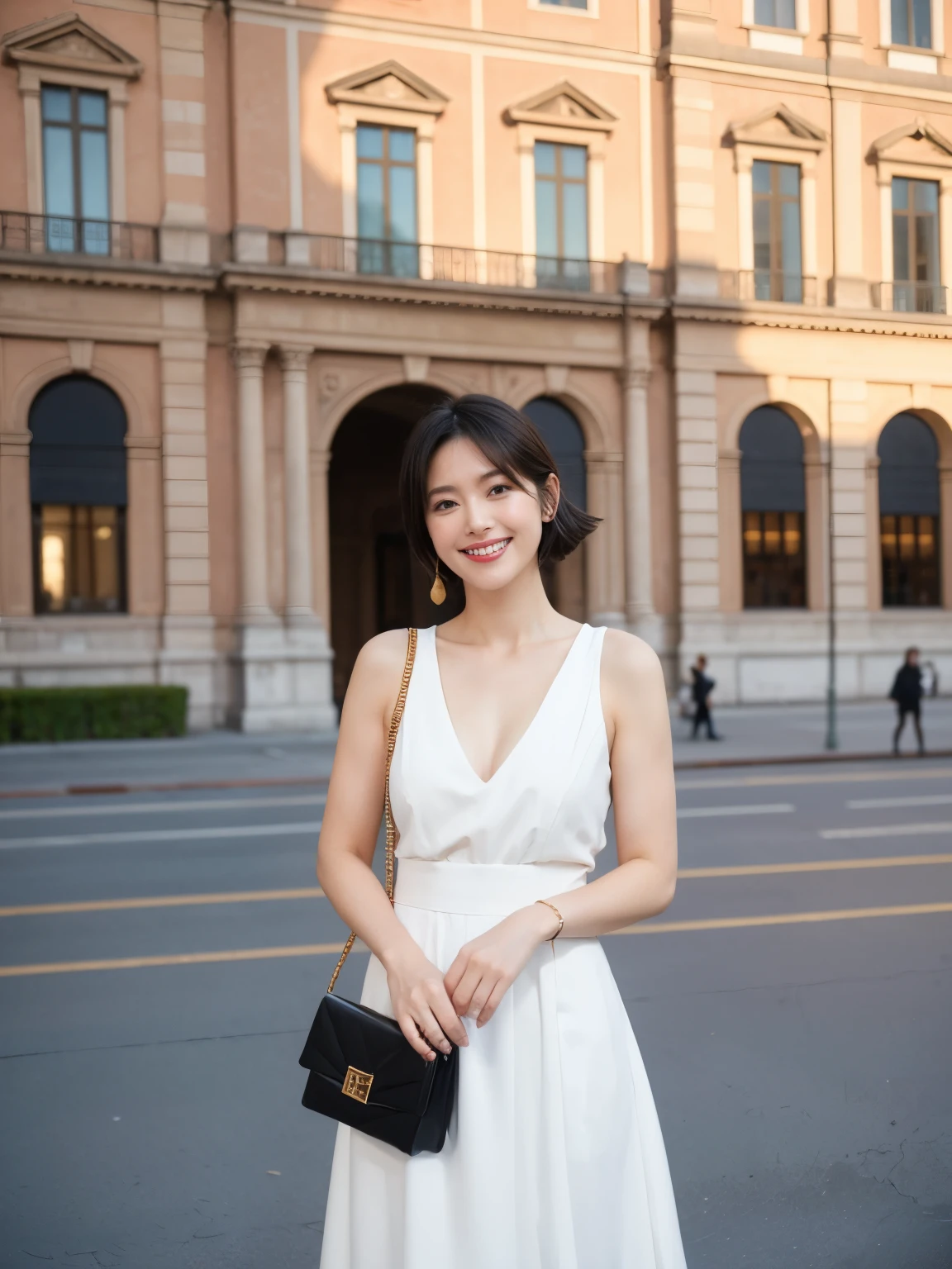 最high quality, In 8K, Masseter region, Vibrant, Sharp focus, high quality, High resolution, Detailed face, Fine grain, Red lips, (Watching the audience), alone, Beautiful woman, 38 years old, (Very short black hair:1.3)、(Bob Hair)、(Standard body shape)、(D cup breasts)、 Cleavage, , afternoon、(Italy、Milan、The square in front of the church:1.5),(Standing in the square:1.5)、(White short-sleeved knit dress:1.6)、(White knee-length skirt:1.6)、(Black pumps:1.5)、(Smiling with teeth showing:1.6)、