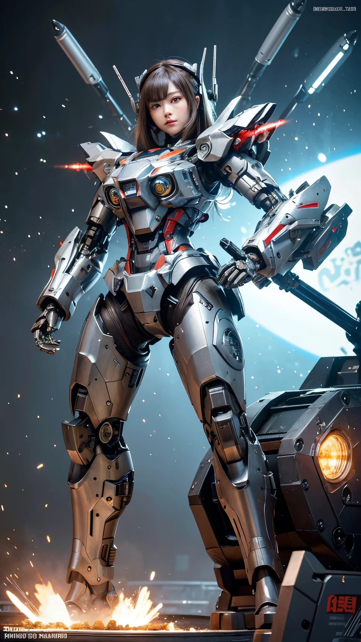  Super detailed, advanced details, high quality,  High resolution, 1080p, hard disk, beautiful,(war machine),(missile pot),(machine gun),Capture the big picture,beautiful,Mecha cyborg girl,battle mode,Mecha body girl,She is wearing a futuristic war machine weapon mecha
