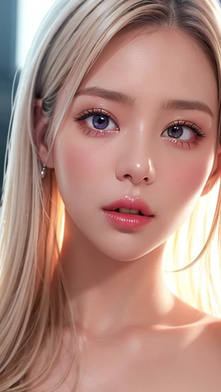 Ultra realistic, open shot, best quality, dream aesthetic (blurry in cinematic vibrant light), hot atmosphere, show all, ultra-detailed, fine details, high resolution (wide image), Perfect dynamic composition, illuminated pale skin, perfect shading, beautiful (realistic) detailed clear eyes, naked, pantyhose, pale-pink hair, average (silky) silver hair, natural big breasts (nude), Natural Color Lip, face with pleasure and fatigue expression, Random and sensual poses, bedroom (background unfocused)、20 year old、dream atmosphere 