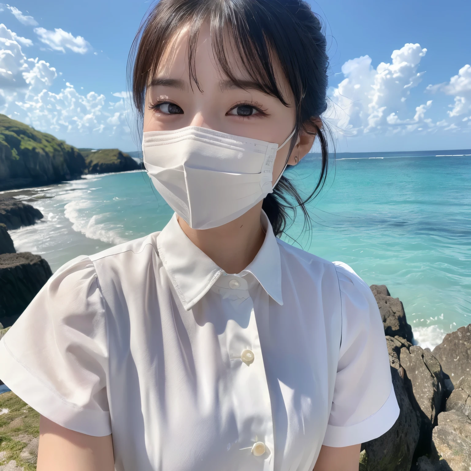 ((highest quality、Tabletop、8k、Best image quality、Award-winning works、Ultra-high resolution))、(A big smile showing beautiful white teeth:1.1)、(Beautiful beaches:1.1)、(Perfect white polyester collared short sleeve shirt:1.1)、(Perfect high white shirt made of polyester:1.1)、(High ribbon that fits perfectly around the chest:1.1)、The most natural and perfect sea background、最も澄んだBeautiful sea、(front closeup:1.3)、Black brown hair、Hair swaying in the wind、Sandy Beach、Beautiful sea、(鮮やかで澄んだBeautiful sea:1.1)、The clearest and most shining sea、Complex sea glow、The most detailed and realistic ocean、Beautiful seaの詳細が描かれています、(Very bright and radiant skin:1.1)、(Ultra-high resolutionの完璧な美しい歯:1.1)、Ultra-high resolutionヘア、Ultra-high resolutionのキラキラ瞳、(Ultra-high resolutionで輝く純白の肌:1.1)、Ultra-high resolutionの艶やかな唇、(A very bright and shining face:1.1)、(very bright and vivid:1.1)、(Very refreshing:1.1)、(Radiant whiteness and beautiful skin:1.1)、(Very bright white shirt:1.1)、(Very bright and radiant skin:1.1)、Blurred Background、(Face covered with a large amount of semen:1.5)、(Close up of a cum covered face:1.5)、(完璧にバランスが取れたUltra-high resolutionの美しい顔:1.1)